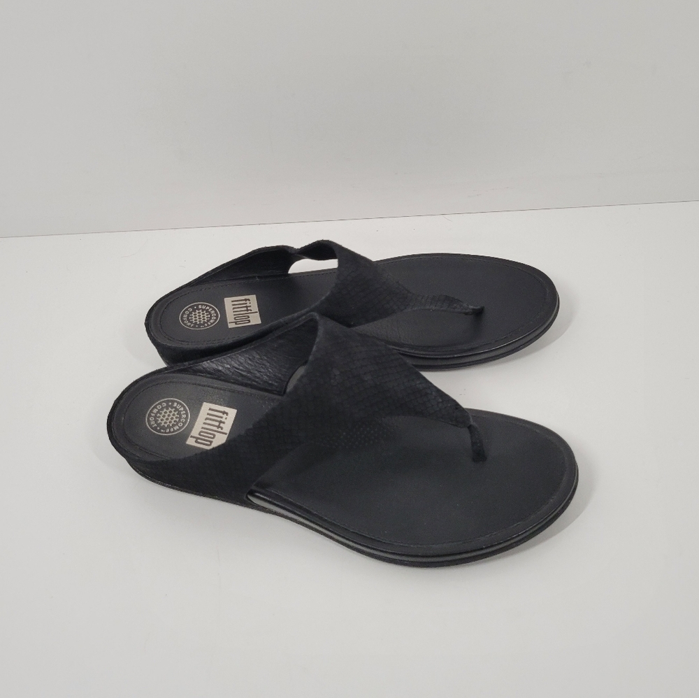 Fitflop Banda Black Suede Snakeskin Print Wedge Thong Flip Flop Sandals Size 10